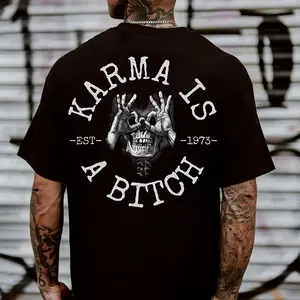KARMA IS A BITCH Skull With OK Print Men's T-Shirt, Naughty Clothes Men, Menswear Classic, Classic Cotton Fabric, Classic Menswear Oversized Pocket Sport