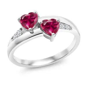 1.28 Cttw Red Created Ruby and Lab Grown Diamond Ring For Women | 925 Sterling Silver | Heart Shape 5MM | Wedding Engagement Anniversary Promise Ring For Women