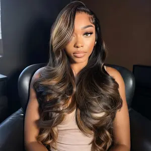 AFRIBYE Highlight Ombre Lace Front Wig FB/30 13x6 Body Wave 200 Density Pre Plucked Human Hair for Women Colored Brown 20-30 Inch Soft No Tangle