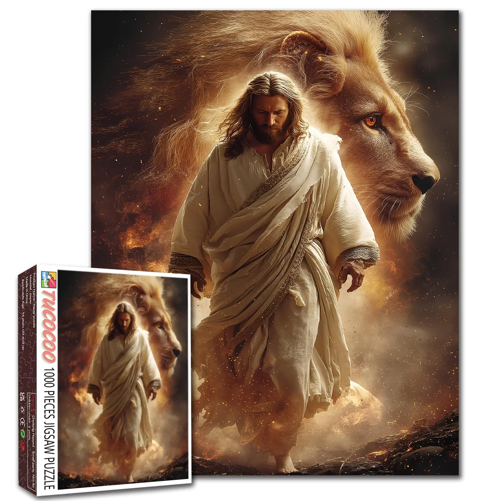 Tucocoo Jesus Lion Faith Spiritual Art 1000 Pieces Jigsaw Puzzle Adult, sacred Jesus with lion scene, dramatic light and strength theme, relaxing family game, stress relief, brain challenge, wall decor gift for adults seniors 27.5x20inch 70x50cm