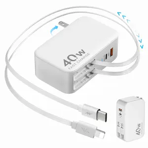 4-in-1 Retractable Wall Charger with Dual USB Ports and 90cm Lightening and Type-C Cables, 40W Fast Charging Foldable Block Compatible with ipad,iPhone 16/15, airpods,Galaxy, Pixel, and More Portable Android