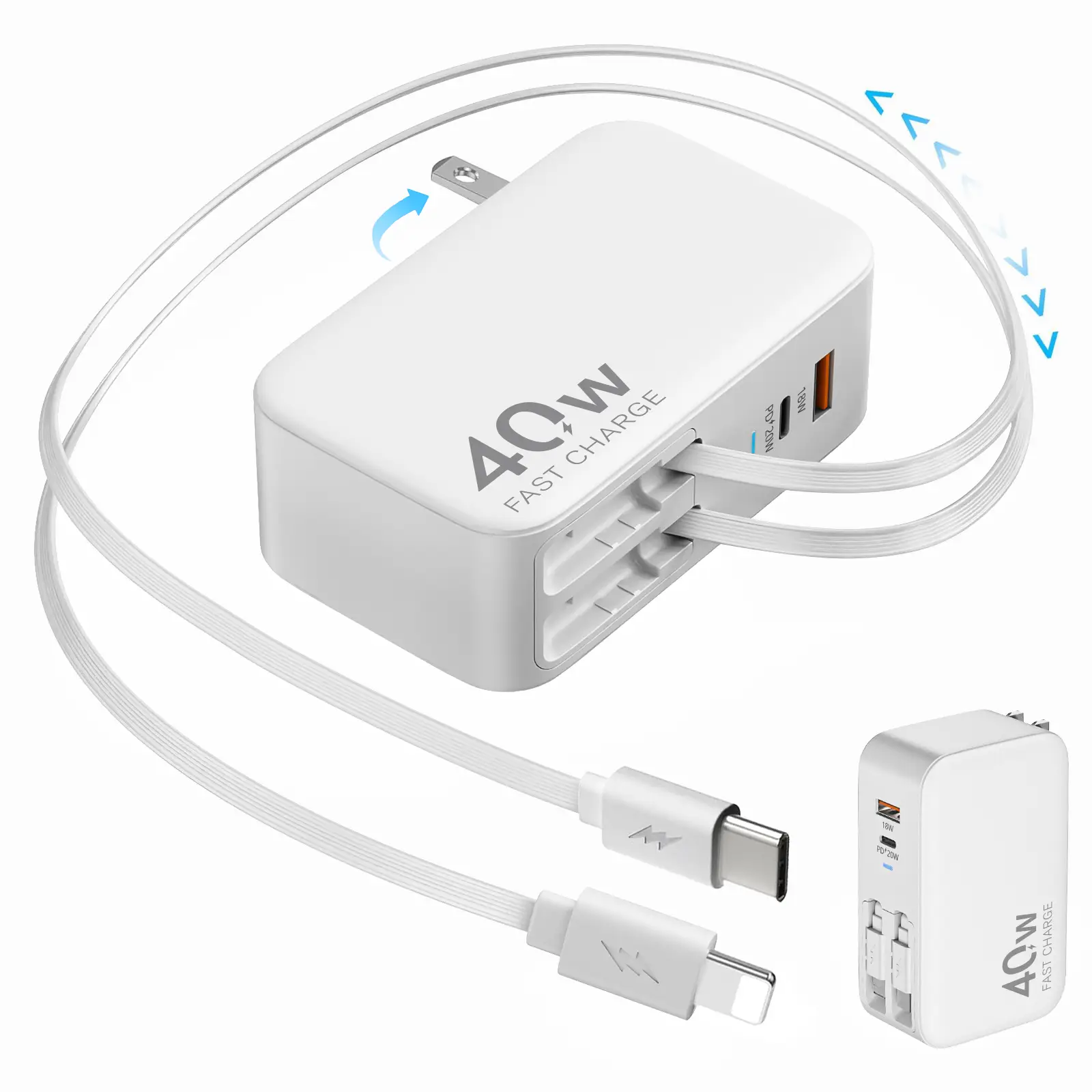 4-in-1 Retractable Gan Wall Charger Plug for iPhone 17 USB C,Travel Essentials Brick Multiport,3ft Lightening+ Type C Cables,40W Fast Charging Foldabl