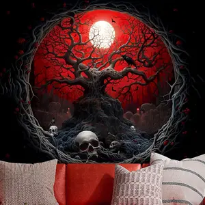 Black Red Anime Tapestry, Gothic Dark Forest Moon Wall Hanging, Nature Skull Withered Tree Landscape Tapestries for Bedroom Living Room Men Dorm 51x 60 Inches