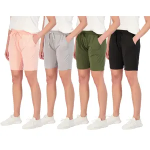 Real Essentials 4 Pack: Women's Dry-Fit Athletic 7" Bermuda Long High Waisted Running Shorts (Available in Plus Size)