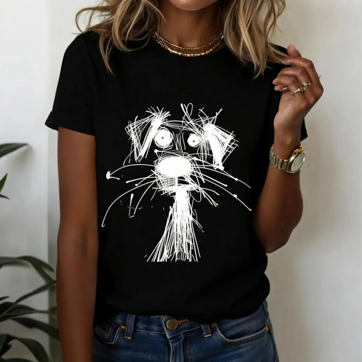 Women's Casual Round Neck Puppy Doodle Print Short Sleeve Oversized Cotton T-Shirt Made in USA