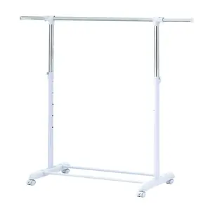 Rolling Clothes Rack - Adjustable Height Chrome Frame White Base with Wheels for Easy Movement