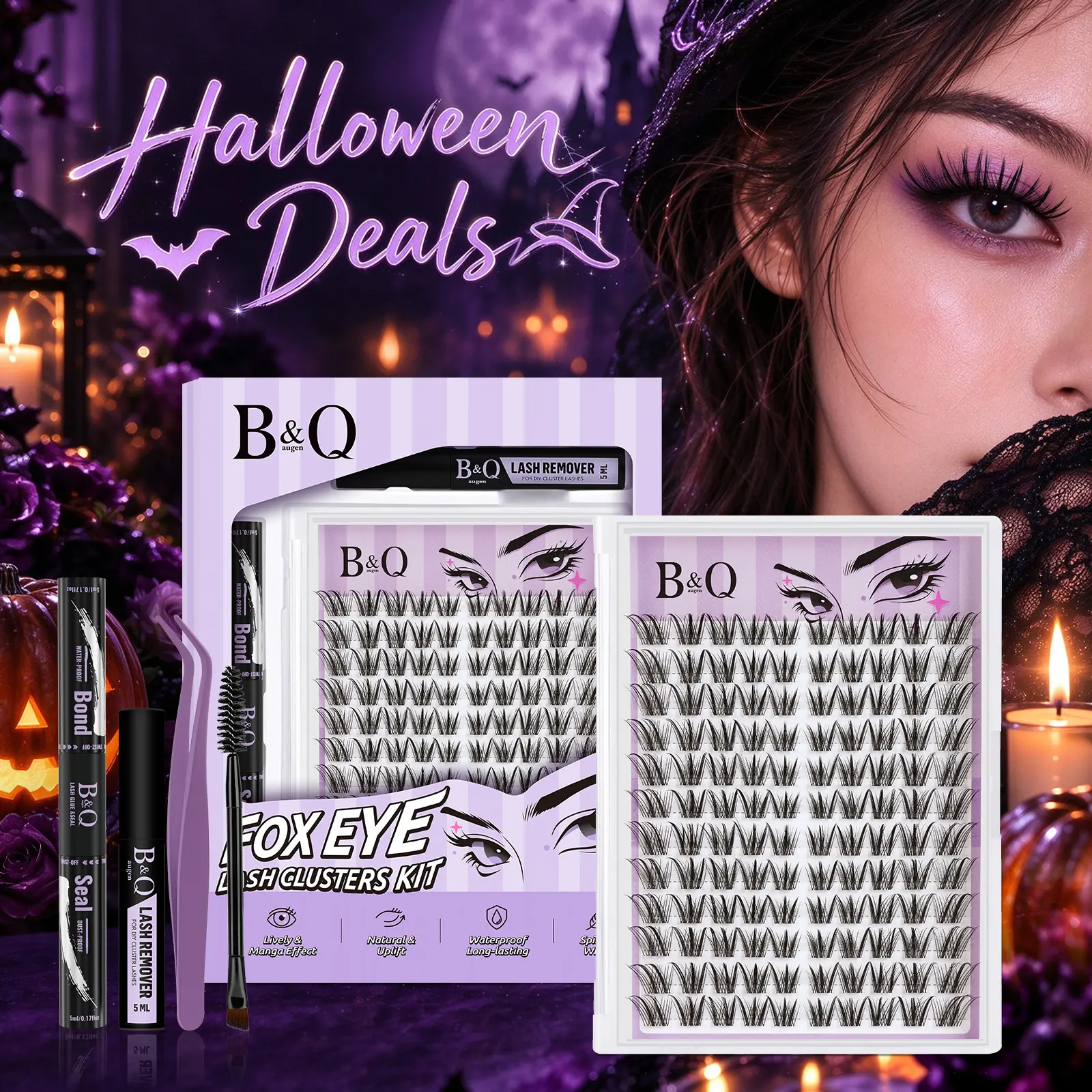 Caught You Kit l B&Q C Curl Lifted Fox Eye Effect Cluster,Wispy Spiked Design,Longer Outer Corners,Lightweight & Comfortable,Seamless Lash Band and Premapped,Waterproof Longlasting for All Day Wear #Familyfun #Halloween