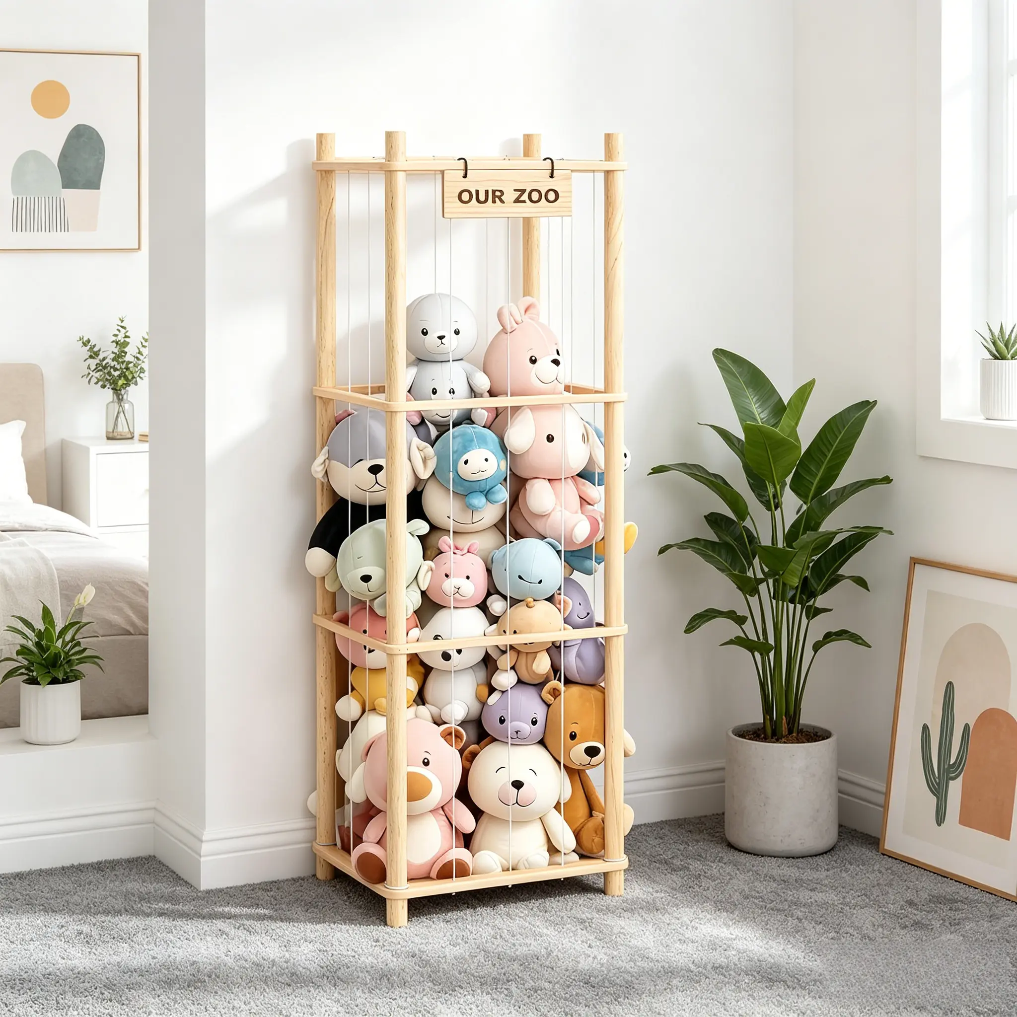 Natural Wood Tiered Stuffed Animal Zoo Shelf - Large-Capacity Plush Toy Organizer, Easy-Assembly Minimalist Household Bedroom Storage Holder