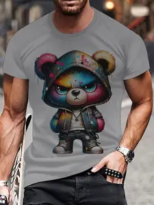 Men's 3D cartoon bear print short-sleeved Round Neck T-shirt, casual summer Menswear T-shirt, suitable for daily wear and vacation