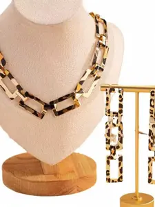 Vintage Elegant Metal Hollow Square Leopard Print Necklace and Earring Set Vintage Jewelry Set, Necklaces Earrings Set for Women, Stylish Party Accessories and Holiday Gifts