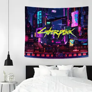Cyberpunk Neon City Pattern Tapestry, 1 Count Aesthetic Wall Hanging Decor, Polyester Tapestry for Bedroom Home Office Decor