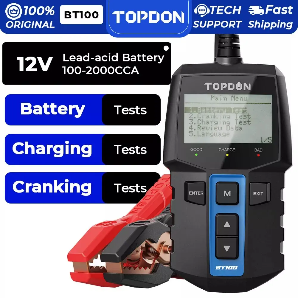 [SummerFinds]TOPDON BT100 Car Battery Tester 12V Load Tester, 100-2000 CCA Automotive Alternator Tester Digital Auto Battery Analyzer Charging Cranking System Tester for Car Truck Motorcycle ATV SUV Boat Yacht Charger
