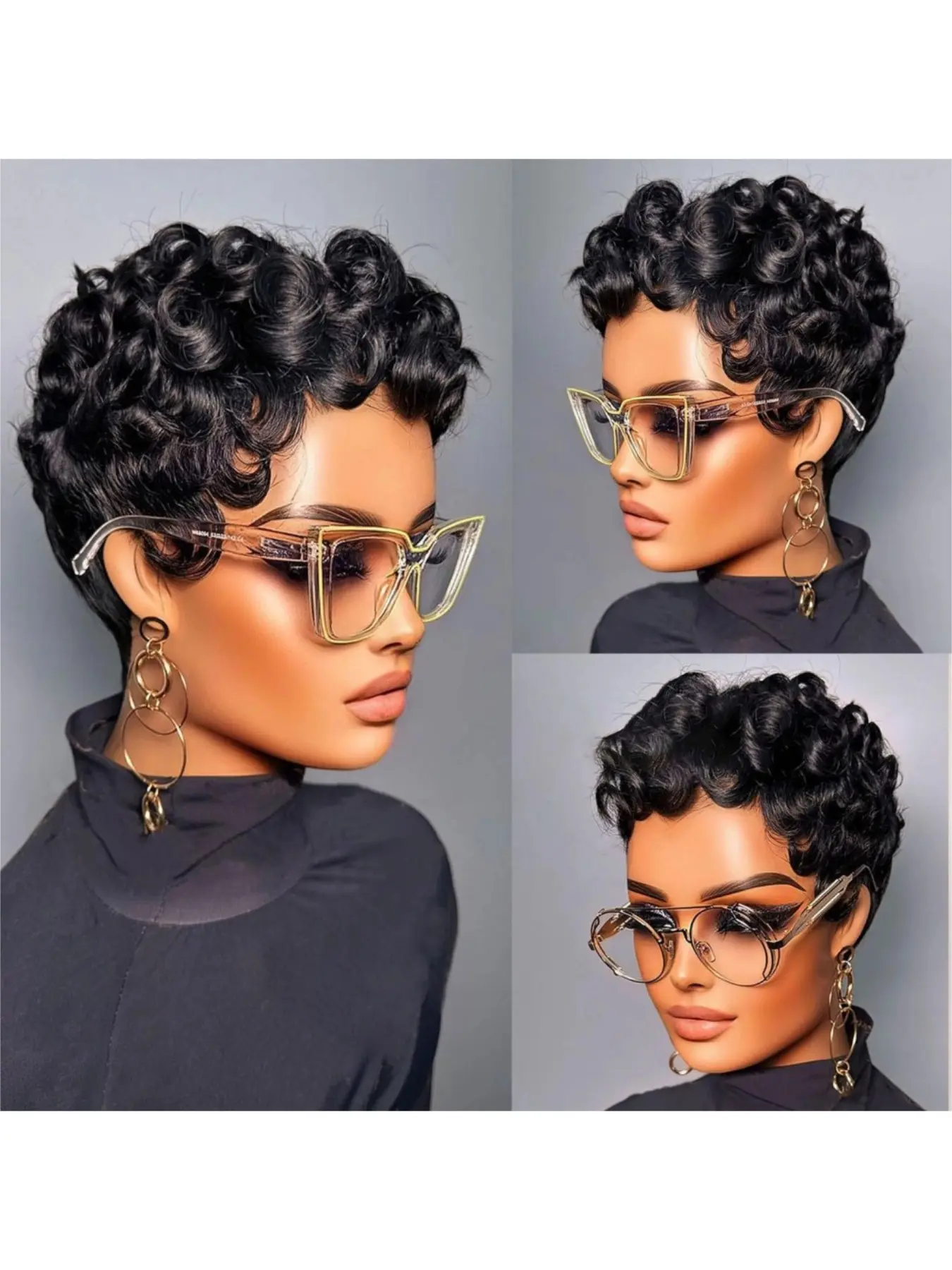 Short Layered Pixie Cut Wig Premium Human Hair Wear and Go Glueless Curly Human Hair Wigs With Bangs for Women Full Machine Made None Lace Front Wigs Human Hair Natural Black Color Real Hair Wig