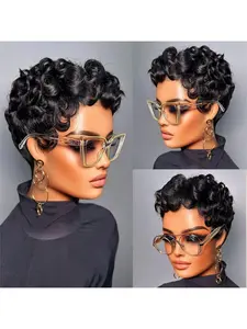 Short Layered Pixie Cut Wig Human Hair Wear and Go Glueless Curly Human Hair Wigs With Bangs for Women Full Machine Made None Lace Front Wigs Human Hair Natural Black Color
