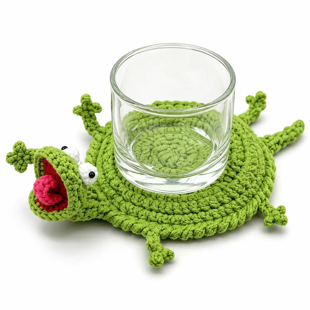 Green Crochet Lizard Coaster - 3.94 in Round, Irregular 3D Cup-Holding Body, Soft Yarn Mug Mat, Whimsical Kitchenware Home Decor for Table Top