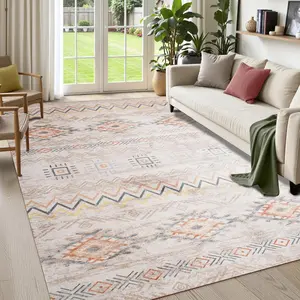 8x10 Vintage Bohemian Geometric Area Rug, Non-Sliping Backing, Low Pile Easy Clean Washable Rug, Soft Plush Indoor  Carpet for Living Room, Bedroom, Dining Room, Farmhouse Home Decor, Red, Blue, Brown, 4x6,5x7,6x9, 8x10 Feet