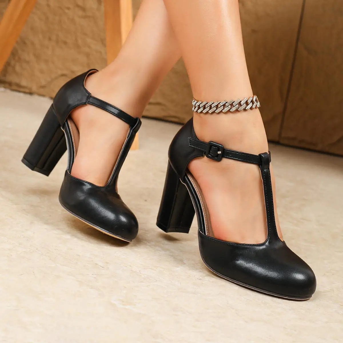 T-Bar Pumps for Women, Round Toe High Block Heel Shoes with Buckle Strap for Office, Wedding Guest, Dinner Date and Retro Outfits Footwear High Heels