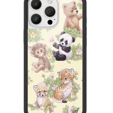 Wildflower Safari Babies Limited Edition Trendy Collab Custom Durable Shockproof Drop Tested Casing - Raised Black Bumpers, Light Yellow Background, Bright Greenery, Safari Animals, Women's Owned Small Business Handmade Uniqueness Gift for Her