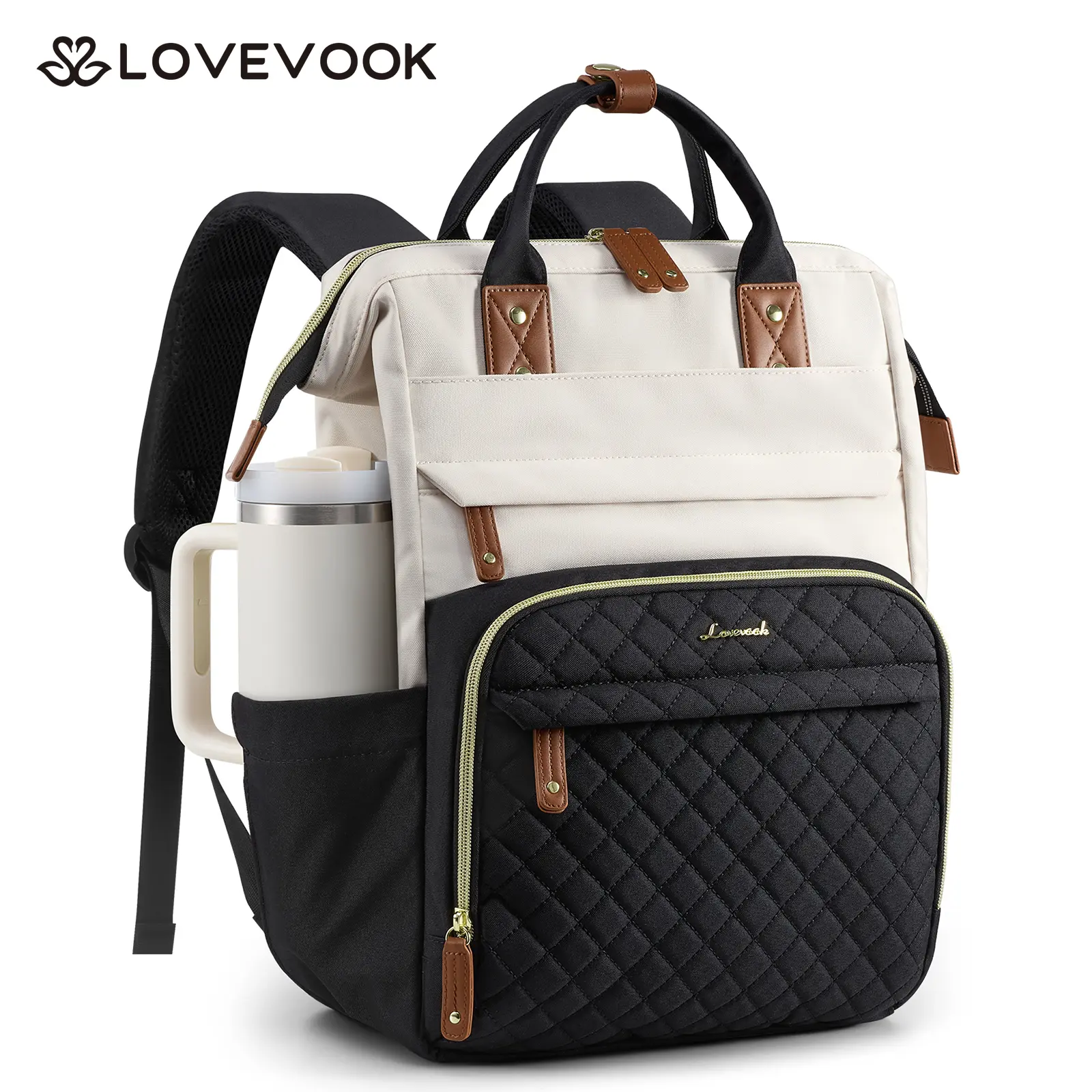 LOVEVOOK Laptop Backpack Women Quilted Teacher Nurse Work Backpack Purse, Large Cup Holder, Professional Waterproof Travel Backpack, Urban Computer Bag Casual Daypack for College Business Office Gift
