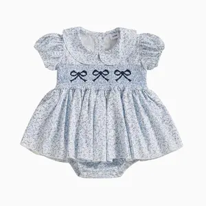 Newborn Baby Girl Smocked Romper Dress Bow Embroidery Floral Print Peter Pan Collar Short Sleeve Bubble Bodysuit Princess Birthday Party Dresses #Springtok