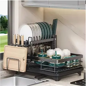 Double Tier Large Metal And Carbon Steel Cutlery Rack for Kitchen Countertop, Space Saving And Durable, with Knife, Fork And Cup Holders And Draining Board, Rustproof Large Two Tier Metal Cutlery Rack, Make The Kitchen More Concise And Organized.