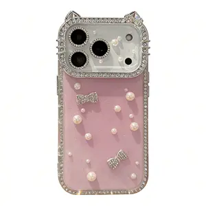 DIY Glitter Clear Phone Case with Pearl & Rhinestone Bow Charms, Bling Cat Ear Diamond Frame Customizable Protective Cover for IP 17 Pro max, 16plus, 15, 14, 13 junk