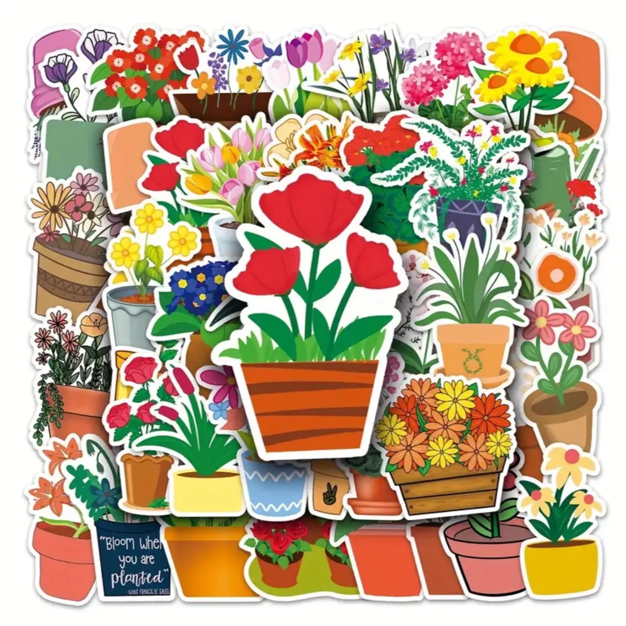 50 Pack of potted flowers and plants stickers and decals. Bright Vibrant Beautiful Colors. Waterproof, No Duplicates. Great For DIY Craft, Decoration, Gift, Water Bottle, Notebooks, Journals and More