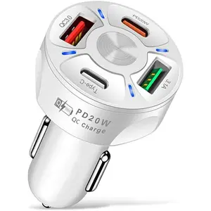Car Charger Adapter,4 Ports USB Fast Car Charger QC3.0/PD20W/Type-c/2.1A, Smart Shunt Car Phone Charger Compatible iPhone 14 13 12 Pro Max/All Smart Phones (White)