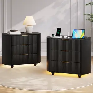 Fluted Nightstand Sets of 2, Bedside Table Set with 3-Color Dimmable Lights, End Side Table with Power Supply for Electronic Devices, Bedroom, Living Room Furniture (Black / Oak)