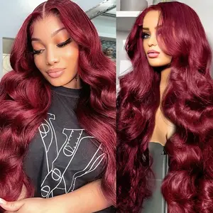 KINCY 13*4 Wine red Colored 26 inch Body Wave Lace Front Wigs Natural Hairline Synthetic Wig for Women Long Hair Wig Wavy Natural Heat Resistant Fiber Synthetic Wigs for Halloween Daily Use Party Cosplay