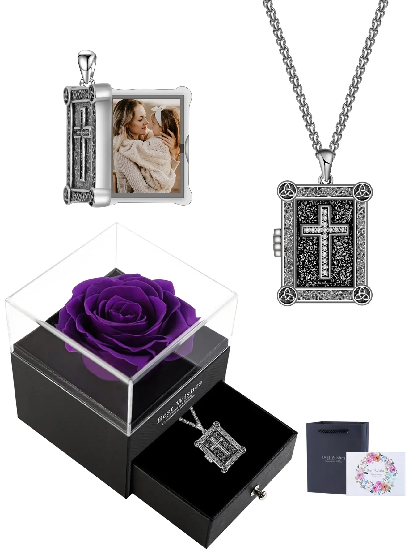 Religious Cross Celtic Knot Photo Necklace With Purple Rose Jewelry Gift Box, Rectangle Locket That Holds Picture Custom Necklace, Birthday Mother's Day Jewelry Gift for Mom Father Wife Christian