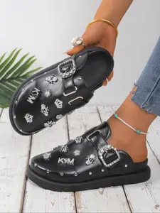 Fashionable Rhinestone Decorated Platform Slides, Casual Comfortable Slippers for Summer, Female All-match Round Toe Slippers for Daily Wear, Girl