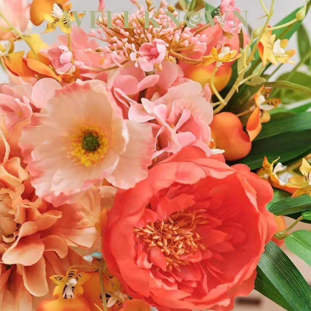 WELL KNOWN Artificial Flowers Arrangement Orange & Pink Silk Peony Bouquet with Vase, Fake Wild Flowers Bouquet for Home Office Living Room Wedding Party Dinning Table Spring & Summer Decor & Gift