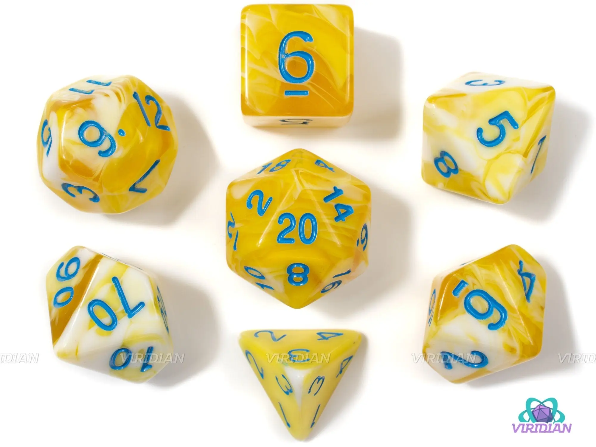 Lemon Cream | Yellow and White Swirled Acrylic Dice Set (7) | Dungeons and Dragons (DnD)
