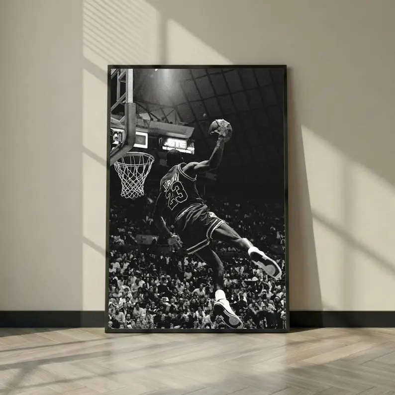 Michael Jordan #23 Artistic Dunk Poster - Iconic Chicago Black and White Basketball Paper Print, Hanging Wall Art, Man Cave Home Decor Gift