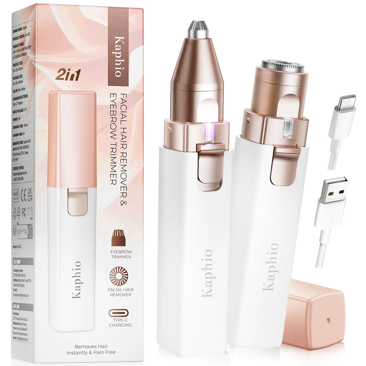 Facial & Eyebrow 2 in 1 Rechargeable Hair Remover for Women ,For Face Eyebrows Peach Fuzz Lips Trimmer with Light,Painless Electric Hair Removal