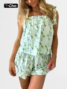 2-piece floral strap camisole shorts set - Knit casual daily wear - suitable for summer Womenswear