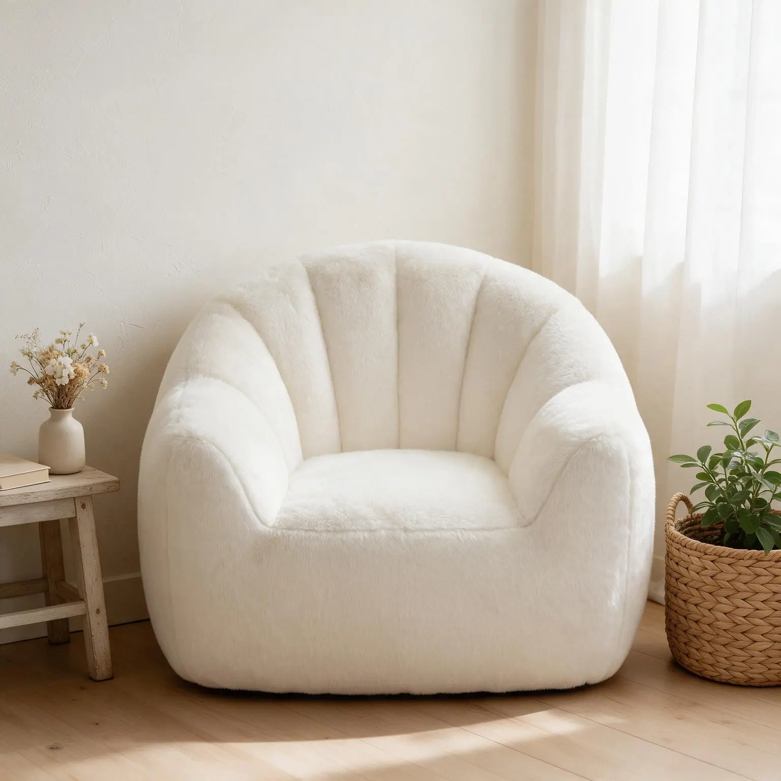 Petal Bean Bag Chair, Plush Faux Fur Flower Sofa  with Petal Back Reading Chair Stuffed Lazy Loveseat Couch for Living Room Bedroom Giant Size Mega Comfy Beanbag Sofa Lounge Beanbag
