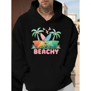 Men's Bohemian Surf & Beach Hoodie - Loose Fit Hooded Sweatshirt with Palm Tree, Surfboard & 'BEACHY' Print, Long Sleeve Casual Coastal Wear, Non-Stretch Fabric (Black/Pink) - Hawaiian Vacation Outfit Gift