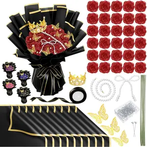DIY Glitter Roses Bouquet Artificial Flower Bouquet Kit Birthday Gifts Flower Wrapping Paper  Butterflies Crowns for Valentine's Day Wedding Anniversary(Red)