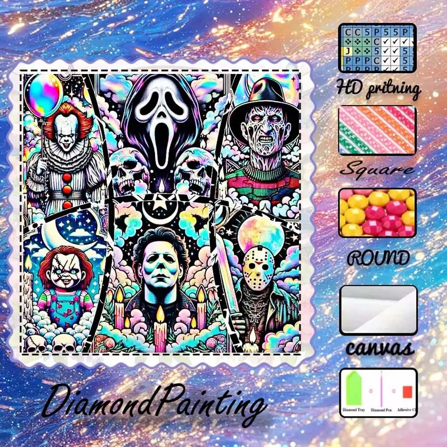 DIY 5D Flocking Fabric Diamond Painting Craft Set, AB Diamonds, Fairy Dust Diamonds, Crystal Diamonds, Ghost Face, Clown, Candlelight Diamond Embroidery, Special Technique Diamond Art Kit, Wall Decoration, Gift for Family, Loved Ones, and Friends
