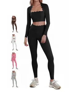 Fisoew Two Piece Workout Sets For Women High Waisted Scolloped Leggings with Crop Tops Gym Yoga Active Wear Outfits