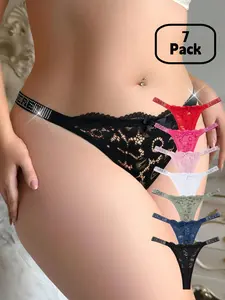 Women's Rhinestone Letter Belt Thongs, Bow Design Lace Cut Out Low Waist Panties, Underwear, All Seasons 7 Pack, Sexy Hollow Out Straps, Lingerie
