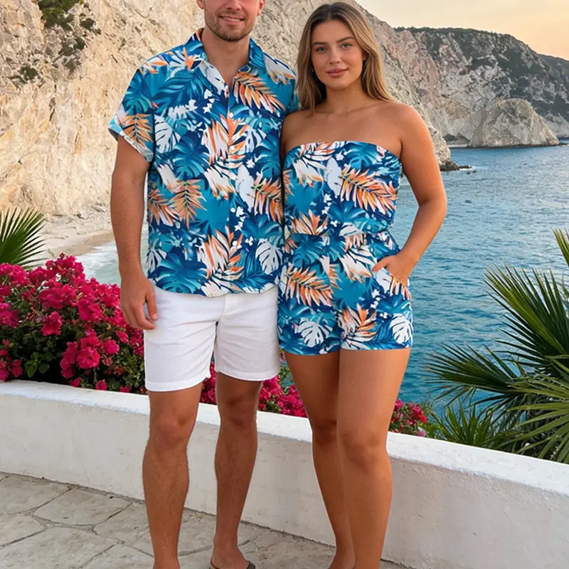 Hawaii Vacation Couple Outfit for Beach Colorblock Tropical Monstera Leaf Print Pocket Off the Shoulder Romper and Shirt Set Womenswear