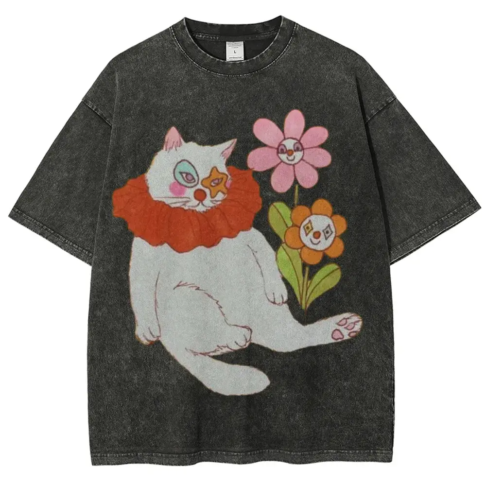 Retro Cat & Flowers Graphic T-Shirt, Unisex Oversize Washed Cotton Shortsleeve Top, Pastel Streetwear, Clown, Casual, Preppy, Ruffled, Soft, Oversized