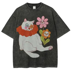 Women's Baggy Vintage Washed Short-Sleeve T-Shirt - Orange Flowers Clown Style, Pastel Streetwear, Breathable Unisex Casual Top