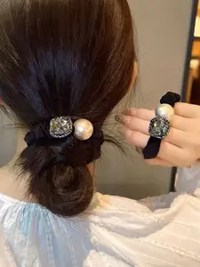 2pcs Elegant Square Shape Crystal Accents & Pearl Embellishments Hair Scrunchies, Chic Daily Hair Accessories for Women & Girls, Stylish Hair Ties for Everyday Use