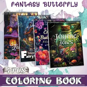 4PCS Adult Coloring Books, Coloring Pages Art - Fairytale House, Butterfly & Joyful Jars Themes, Beginner-Friendly Designs, Thick Paper, A4 Spiral Bound, Mindfulness for Leisure & Entertainment - Perfect Gift, Holiday Gift for Christmas & New Year