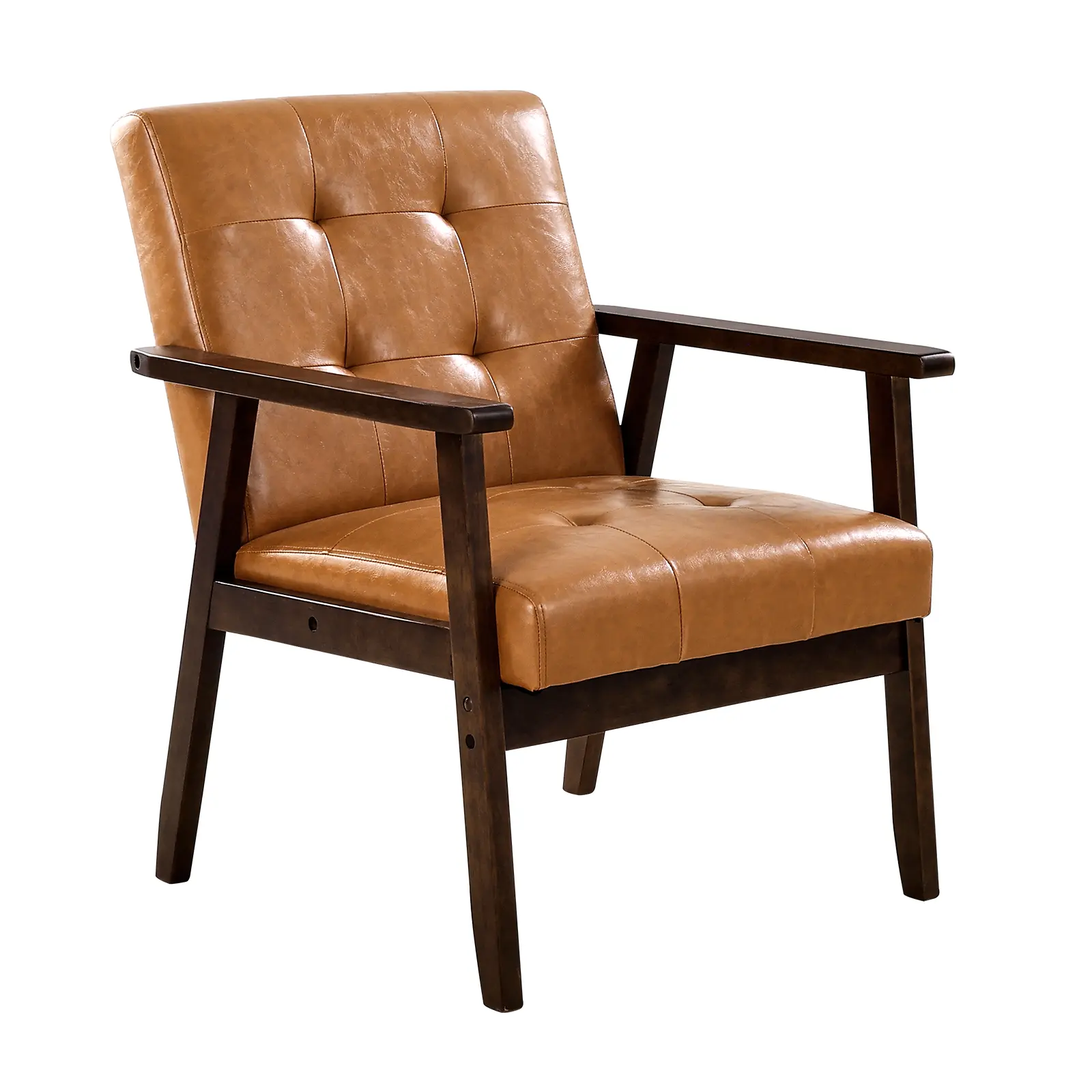 VEVOR Mid-Century Modern Accent Chair - Classic Leather Cushioned Fine Wooden Heritage-Inspired Ergonomic Support Armchair, Solid Wood Frame, Non-Slip Legs, PU Leather Upholstery, Soft Cushion, for Living Room, Bedroom, Classic Leather Armchairs, Ergonomi