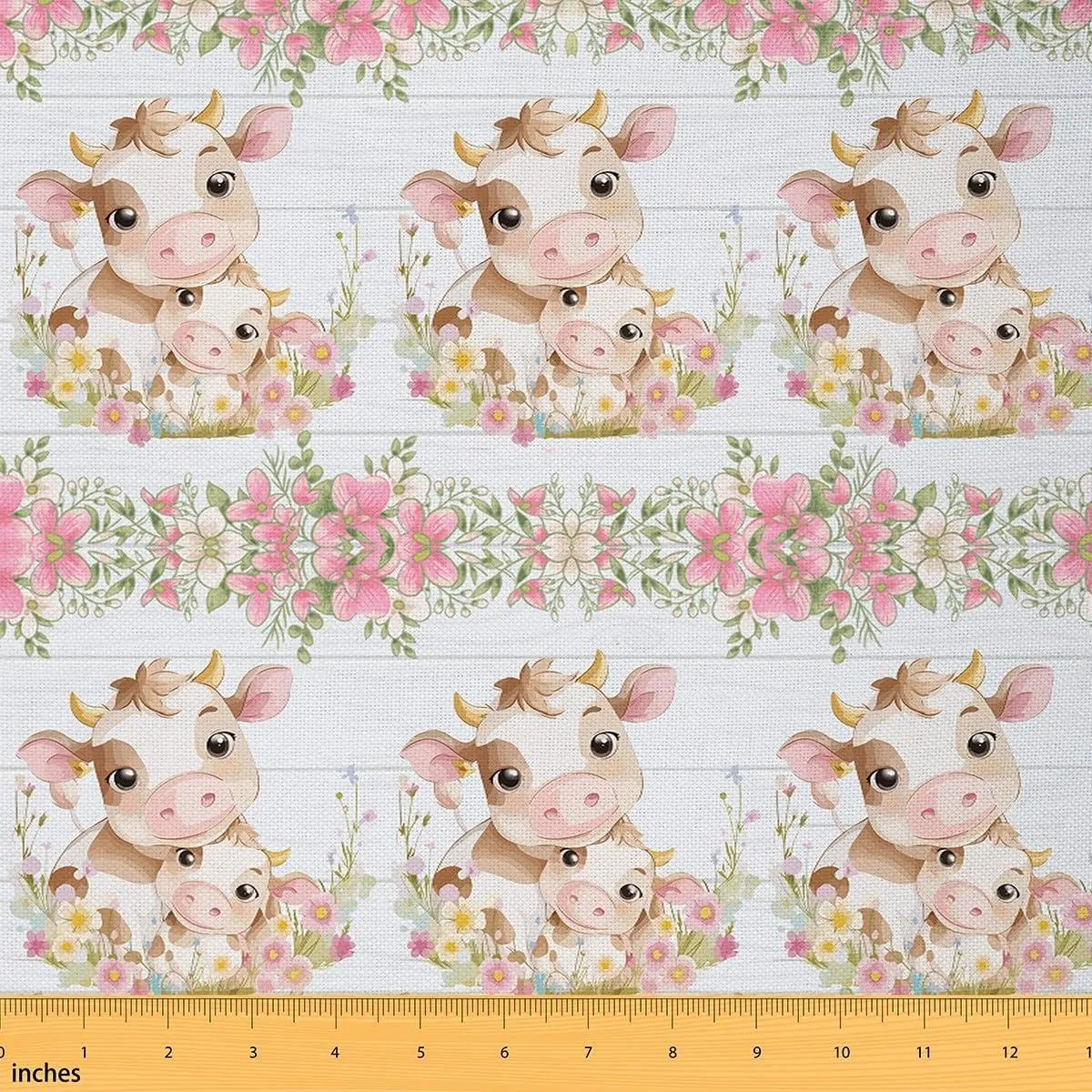 Cartoon Cow Fabric,Cute Cow Printed Flroal Upholstery Fabric Chairs,Farm Aniaml Flowers Decorative Upholstery and Home DIY Projects,,Pink